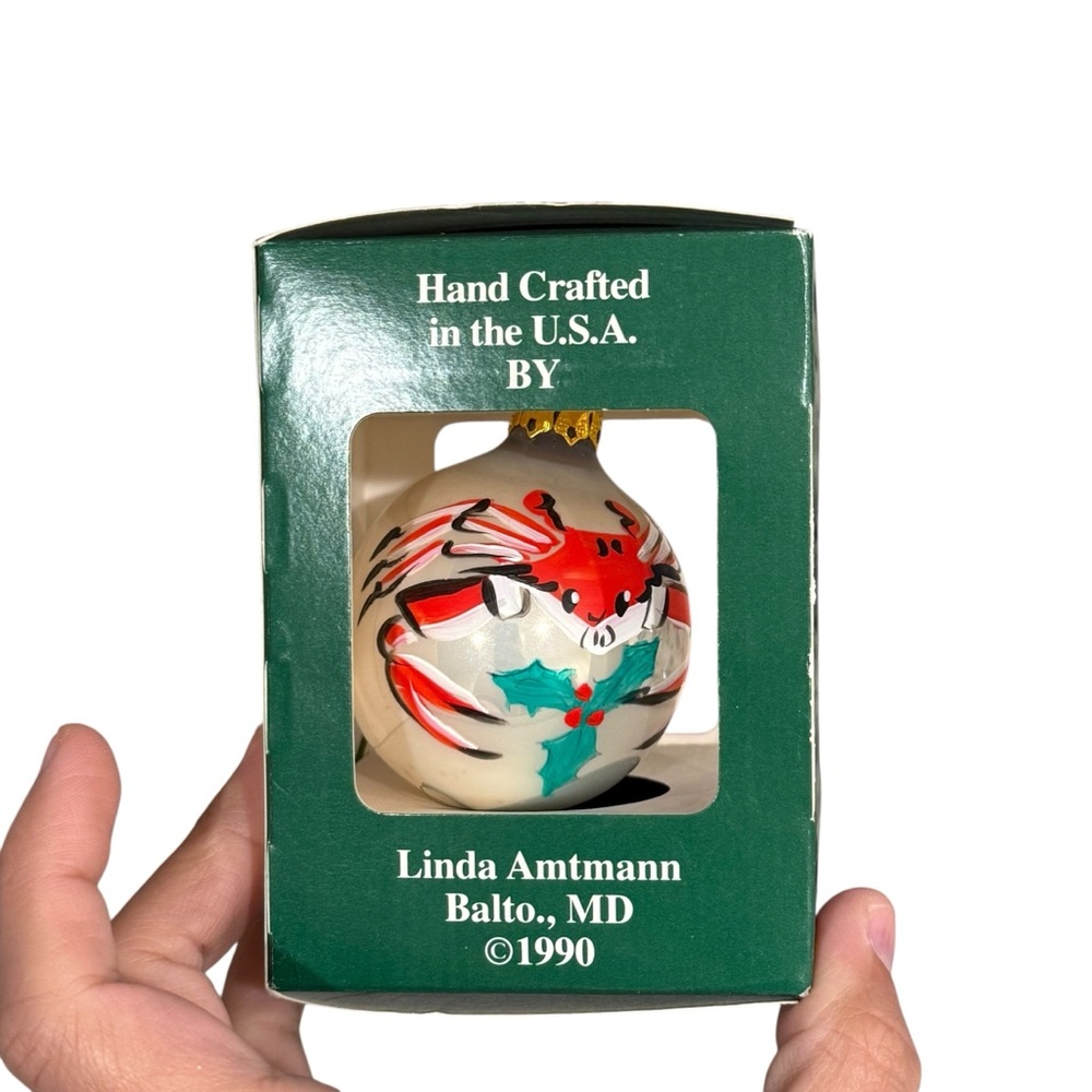 Linda Amtmann 1990 Hand Crafted Crab Ball Glass Christmas Ornament Baltimore MD